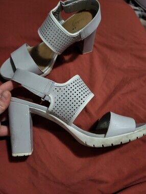 2/$25! Clarks White And Grey Perforated Block Heel Sandals